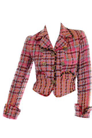 Vintage Christian Lacroix Pink Plaid Tweed Boucle Cropped Blazer Jacket