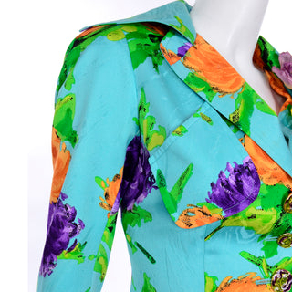 Spring Summer Christian Lacroix Floral Turquoise Orange & Purple Skirt Suit
