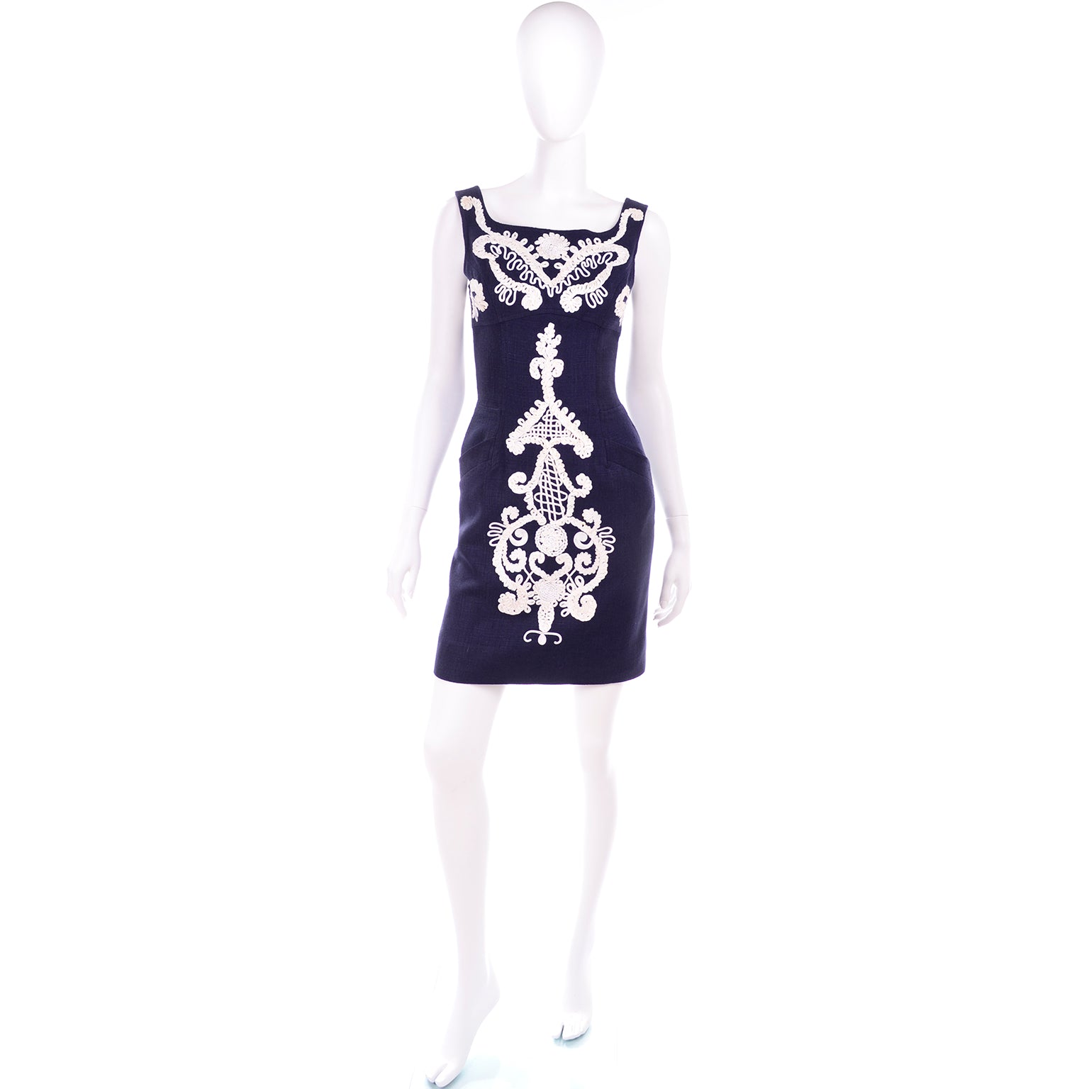 christian lacroix blue dress Christian LaCroix Blue/White Floral Linen Sleeveless Mini Wrap Dress Medium