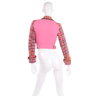 90s Vintage Christian Lacroix Pink Plaid Tweed Boucle Cropped Blazer Jacket