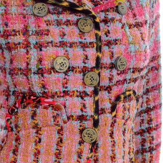 Vintage Christian Lacroix Pink Plaid Tweed Boucle Cropped Blazer Jacket 1990s