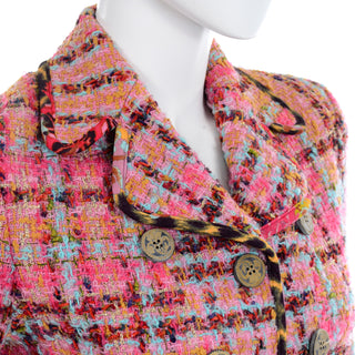 Vintage Christian Lacroix Pink Plaid Tweed Boucle Cropped Blazer Jacket Multi Color