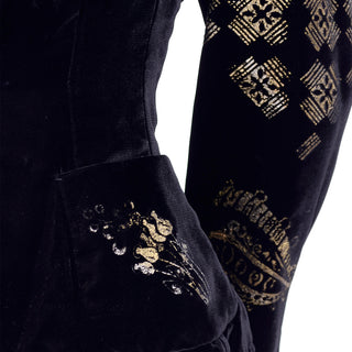 1990s Christian Lacroix Black Velvet Blazer w/ Gold Stencil Stamped Pattern