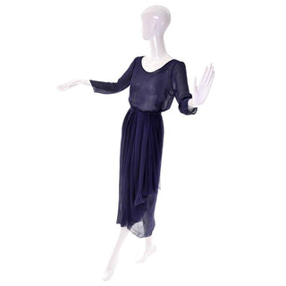 Navy blue silk chiffon couture Dior 2 piece dress size 0 2