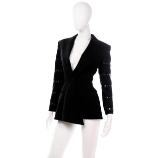 Claude Montana Avant Garde Black Blazer Jacket W Asymmetrical Hem & Studs Fitted Waist