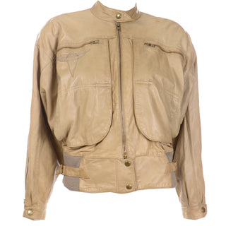 1980s Claude Montana Ideal Cuir Tan Leather Bomber Jacket W Applique Design rare designer 