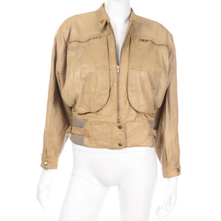 1980s Claude Montana Ideal Cuir Tan Leather Bomber Jacket Applique Design With Zip Pockets