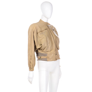 1980s Claude Montana Ideal Cuir Tan Leather Bomber Jacket W Applique 