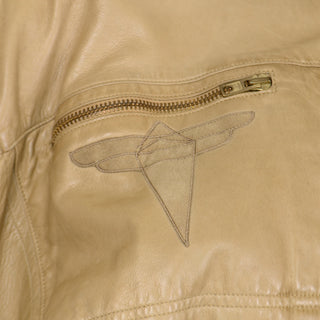 1980s Claude Montana Ideal Cuir Tan Leather Bomber Jacket With Applique Design w zip pockets 