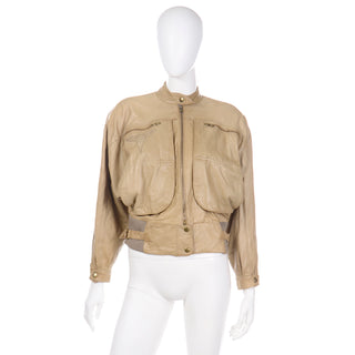 1980s Claude Montana Ideal Cuir Tan Leather Bomber Jacket W Applique Design Zip Front