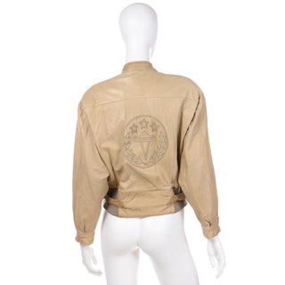 Vintage 1980s Claude Montana Ideal Cuir Tan Leather Bomber Jacket W Applique Design