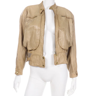 1980s Claude Montana Ideal Cuir Tan Leather Bomber Jacket W Applique Design zip front