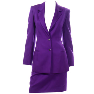 1990s Designer Vintage Claude Montana Purple Blazer Jacket and Skirt Suit