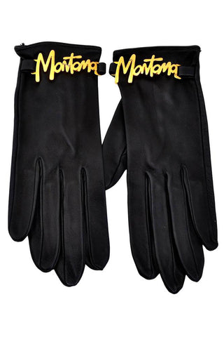 Vintage 1980s Claude Montana Leather Gloves with Gold Tone Lettering Across the Wrists