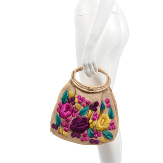 1960s Burlap Top Handle Handbag w/ Colorful Floral Embroidery