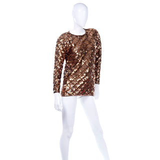 Vintage Copper Sequins Beaded Knit Pullover Sweater Top Holiday Sparkle