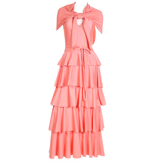 1970s Tiered Ruffled Coral Vintage Maxi Dress With Shawl