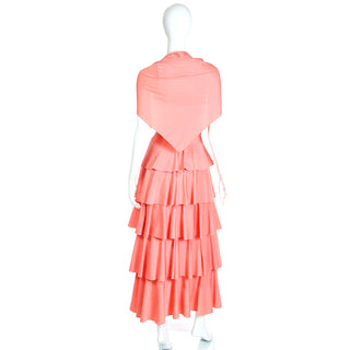 1970s Tiered Ruffled Coral Vintage Maxi Dress With Shawl & Belt