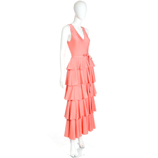 1970s Tiered Ruffled Coral Vintage Maxi Dress With Shawl and belt