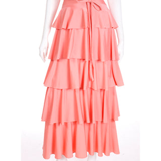 1970s Tiered Ruffled Coral Vintage Maxi Dress W belt and  Shawl
