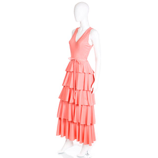1970s Tiered Ruffled Coral Vintage Maxi Dress With Shawl & fabric belt