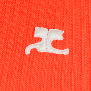 Vintage Courreges 1970s Orange Ribbed Short Sleeve Knit Top Logo Monogram
