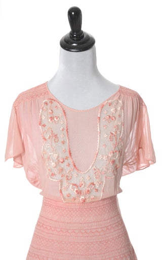 1920s Pink Vintage Dress in Cotton Voile w Floral Embroidery - Dressing Vintage