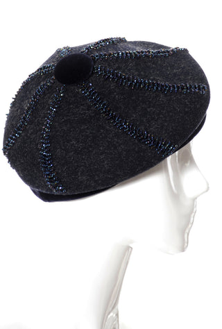 Nicholas Ungar beaded Navy Blue Wool beret vintage hat - Dressing Vintage