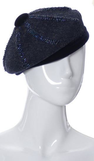 Nicholas Ungar beaded Navy Blue Wool beret vintage hat - Dressing Vintage