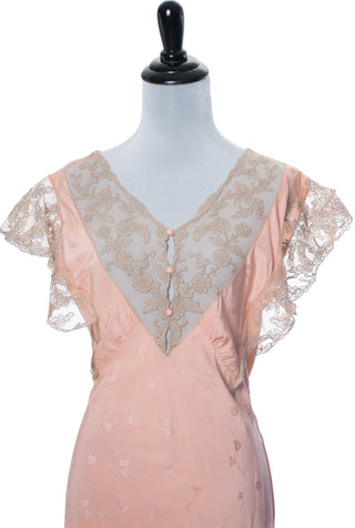 1930s Salmon Pink Silk Vintage Nightgown with Lace Trim - Dressing Vintage