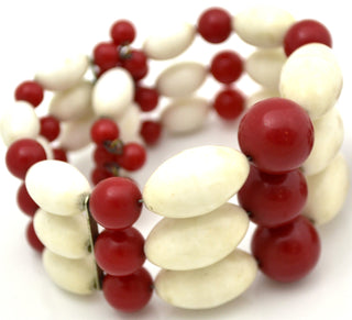 1950's Vintage Coil Bracelet & Earrings Set Red White Beads - Dressing Vintage