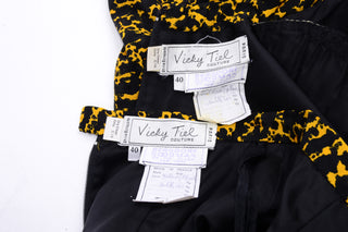 1980s Vicky Tiel Peplum Top & Skirt Suit 2 Pc Dress Yellow & Black Abstract Silk