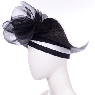 Bellini Italy Vintage Black and White Straw Statement Hat structured tulle