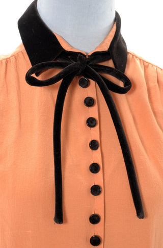 Designer Orange Silk Valentino Vintage Blouse with Velvet Trim - Dressing Vintage