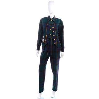 Green 1980s Escada Vintage Plaid Pantsuit Vest Trousers Belt Blouse