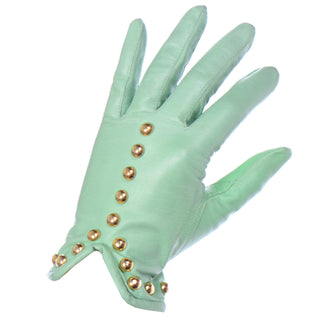 Mint Green Escada Margaretha Ley Leather Gloves With Gold Studs 1980s