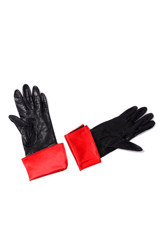1960s Silk Lined Black Leather Gloves w/ Red Silk Cuff 6.5