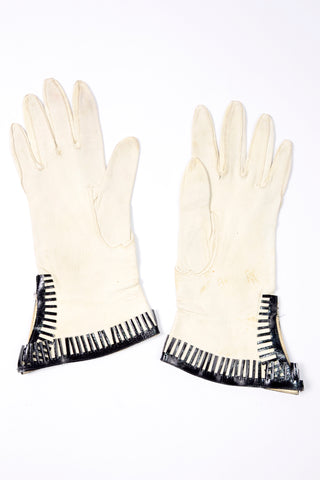 1940s Vallet Paris White Leather Gauntlet Gloves w/ Black Fringe 6