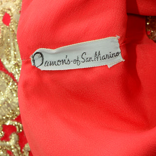 Vintage 1960s Red & Metallic Gold Evening Dress Damon's of San Marino 60s