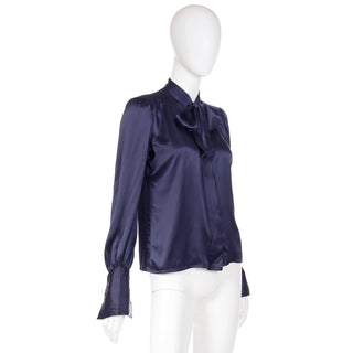 1970s YSL Yves Saint Laurent Deep Blue Silk Bow Blouse with French Cuffs