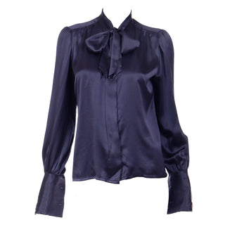 1970s Yves Saint Laurent Deep Blue Silk Bow Blouse with French Cuffs 40
