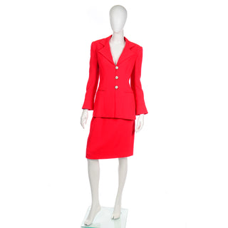 David Hayes Vintage Red Skirt Suit w Rhinestone Buttons & pockets