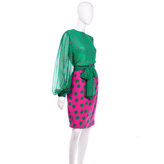 1980s Vintage David Hayes Pink & Green Polka Dot Silk Skirt Blouse Scarf & Jacket Suit