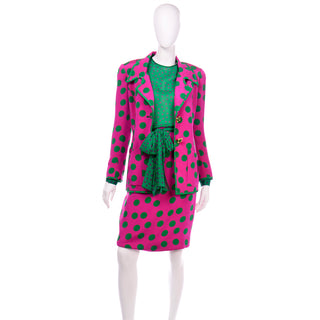 David Hayes Pink & Green Polka Dot Silk Skirt Blouse Scarf & Jacket Suit 1980s