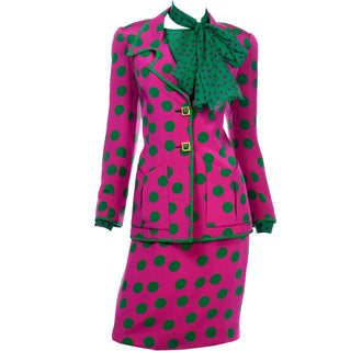 David Hayes Pink & Green Polka Dot Silk Skirt Blouse Scarf & Jacket Suit Vintage 1980s