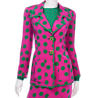 David Hayes Pink & Green Polka Dot Silk Skirt Blouse Scarf & Jacket Suit