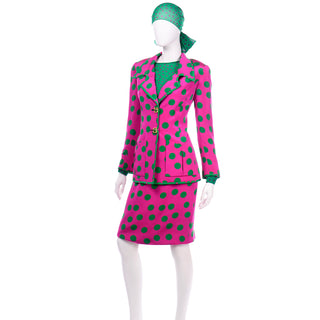 Vintage 1980s David Hayes Pink & Green Polka Dot Silk Skirt Blouse Scarf & Jacket Suit