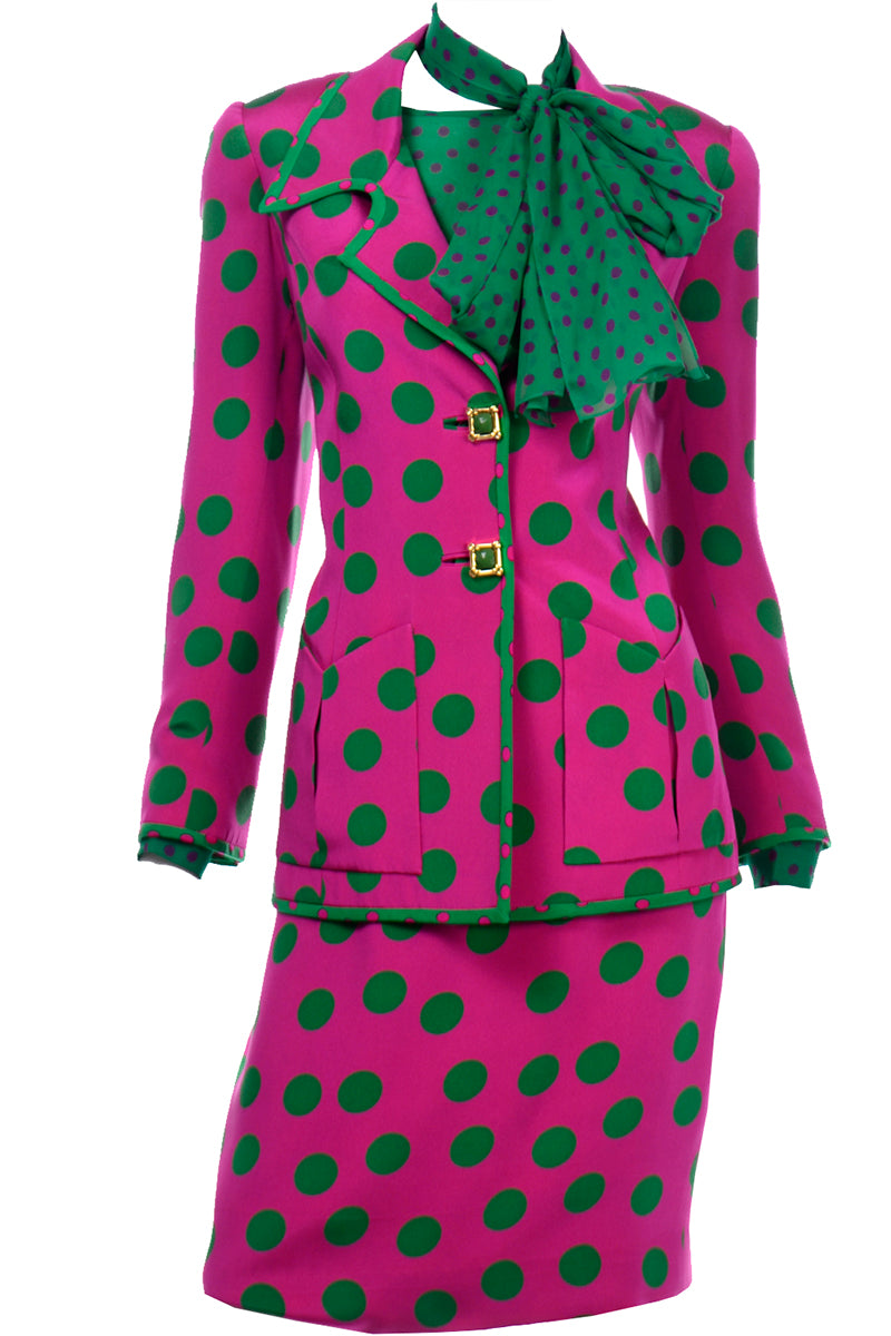 Vintage David Hayes Pink & Green Polka Dot Silk Skirt Suit w Blouse Modig Vintage David Hayes Pink & Green Polka Dot Silk Skirt Suit w Blouse Modig