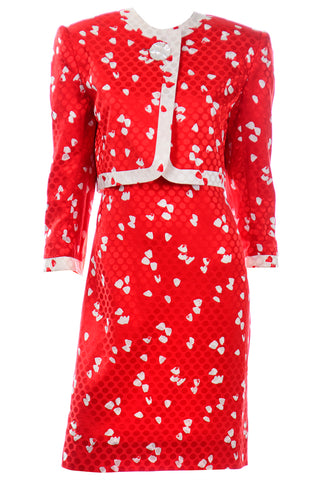 David Hayes Red and White Abstract Print Silk Dress and Cropped Jacket