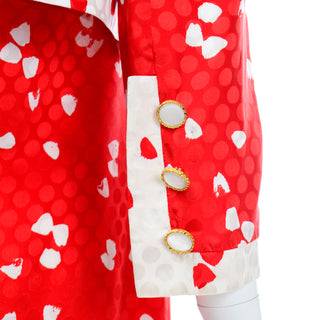 David Hayes Red and White Abstract Print Silk Dress and Cropped Jacket Pearl buttons
